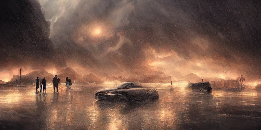 Image similar to los angeles hit by a biblical flood during a storm, dramatic lighting, beautiful, stunning landscape artwork by artgerm, rutkowski, wlop featured on artstation, cgsociety, behance hd