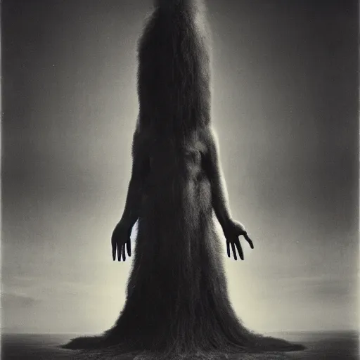 Image similar to vintage photography of realistic faceless beast-god with many long arms, a huge body covered with deep furs by Zdzisław Beksiński, odd eye, dark fantasy, asymmetry, blur, haze, fog, vignetting, platinum printing