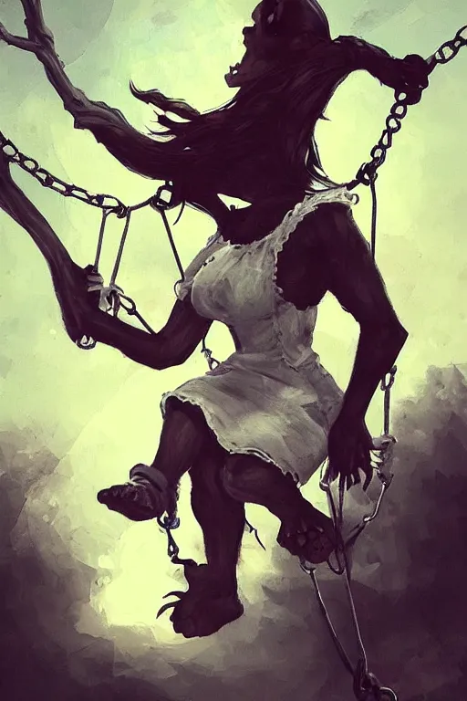 Image similar to undead girl swinging on a swing attached to the moon, highly detailed, artstation,