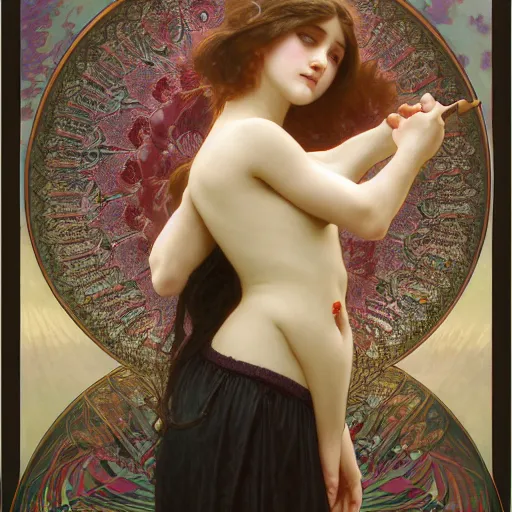 Prompt: lucid dreaming of a faceless girl bleeding into a mirror, intricate, art by artgerm and greg rutkowski and alphonse mucha and william - adolphe bouguereau, high detailed, 4 k,