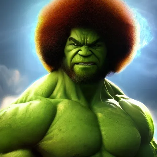 Image similar to photomanipulation of BOB ROSS as hulk, marvel, fully detailed, volumetric lightening, octane render