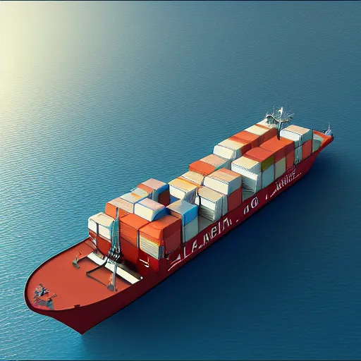 Image similar to isometric container ship, vray, cgsociety, artstation