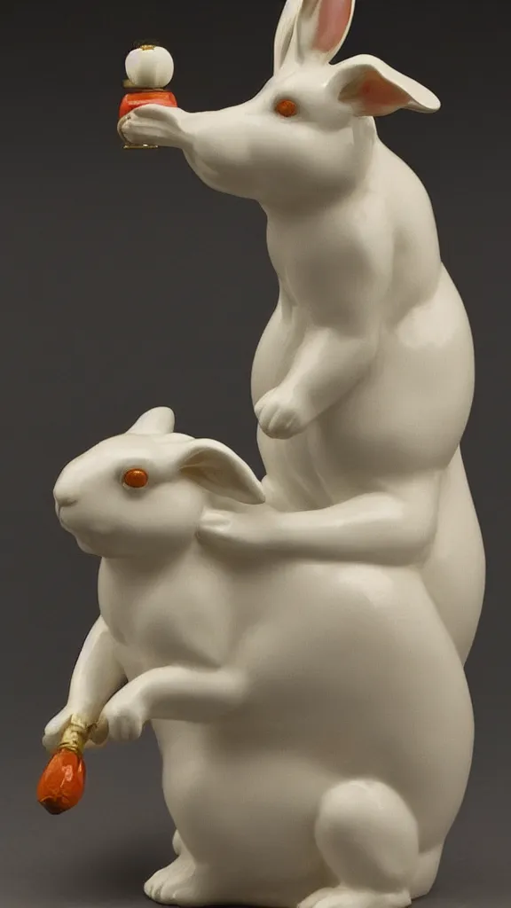 Image similar to a porcelain rabbit statue smoking a japanese kiseru painted by john singer sargent