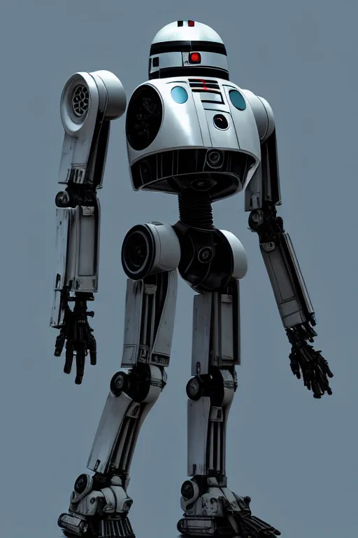 Image similar to “ enforcement droid, series 2 0 9, or ed - 2 0 9 in war thunder game. front on, symmetrical. industrial design. good design award, innovative product concepts, most respected design, amazing depth, glowing, 3 d octane cycle unreal engine 5, volumetric lighting, cinematic lighting, cgstation artstation concept art ”