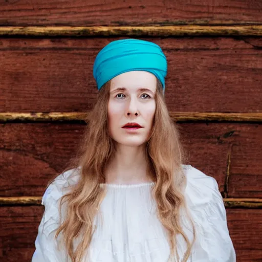 Image similar to a portrait of beautiful nordic woman wearing a white folkdrakt dress, summer flowers headband on her head, against a teal blue background