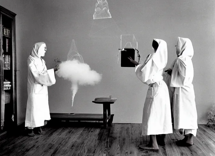 Image similar to realistic photo two medieval female scientists wearing white cotton doing an experiment with a cloud and rainbow, living room interior is made of wood 1 9 9 0, life magazine reportage photo