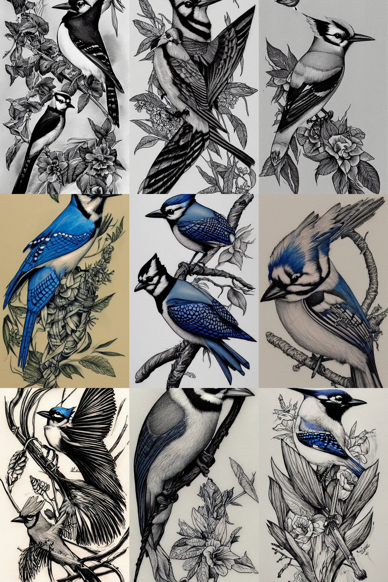 Prompt: tattoo design of a Bluejay by Bernie Wrightson