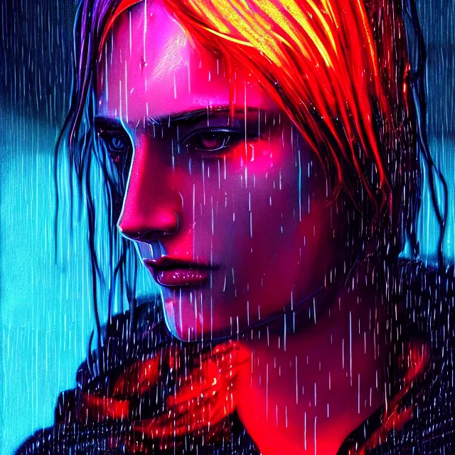 Prompt: bright aesthetic portrait LSD glowing backlit rain on face and wet hair, cyberpunk, overhead lighting, fantasy, intricate, elegant, dramatic lighting, highly detailed, lifelike, photorealistic, digital painting, artstation, illustration, concept art, smooth, sharp focus, art by John Collier and Albert Aublet and Krenz Cushart and Artem Demura and Alphonse Mucha