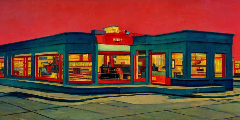 Prompt: American metro wasteland commercial gasoline in the style of Edward Hopper