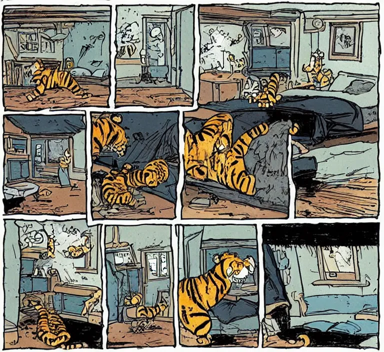 Image similar to “ a grownup version of calvin discovering his old stuffed tiger hobbes in an attic, illustrated by bill watterson ”