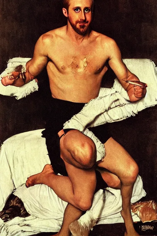 Image similar to body portrait of ryan gosling posing as a wrestler, colour painting by norman rockwell, guidi prime background by carl spitzweg