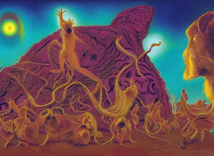 Image similar to psychedelic art of hamsters meeting god, in the style of michael whelan and james gurney and wayne barlowe