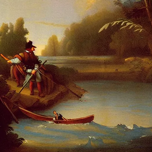 Image similar to colonial soldier crossing river boat landscape waves winter moonlight color oil painting in the style or raphael