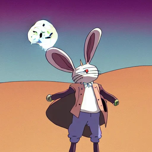 Image similar to a study of cell shaded cartoon mega bunny from howl's moving castle ( 2 0 0 4 ) on a desert road, in front of a big moon, full body, wide shot, very muted colors, post grunge, studio ghibli, laurie greasley, highly detailed, deviantart, art by artgem