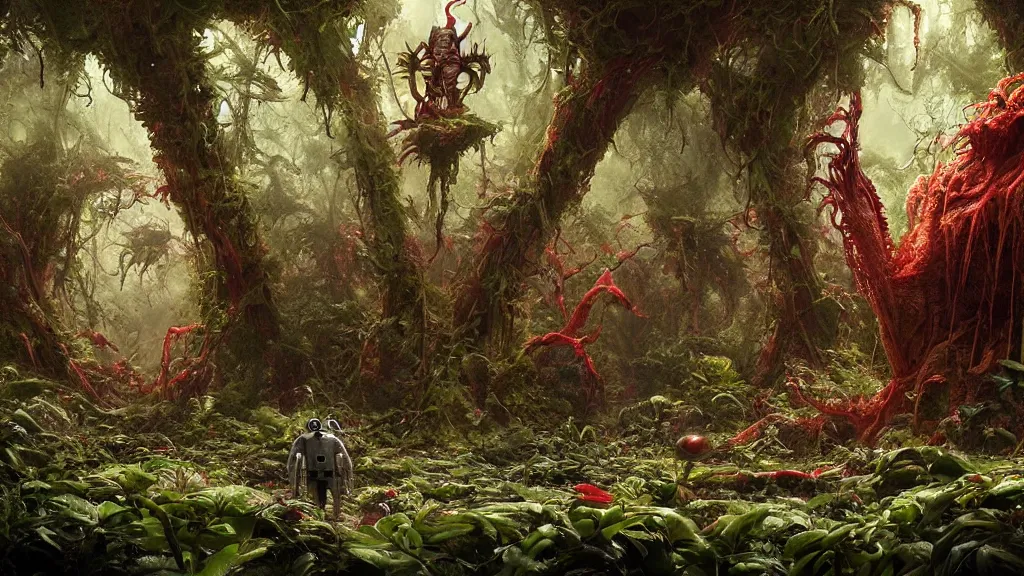 Image similar to a Photorealistic dramatic Matte painting,Looking through deep inside an Alien planets dense red forest there is a gigantic crashed derelict spaceship,a lone astronaut in a white spacesuit with lights is exploring outside,hundreds of tall gigantic monster carnivorous Red Venus Flytrap plants and glowing bulbs,translucent wet and slimy plant life by Greg Rutkowski,Craig Mullins,James Paick,Fenghua Zhong,a misty haze,Beautiful dramatic dark moody nighttime lighting,Cinematic Atmosphere,Volumetric,Terragen,Octane Render,8k