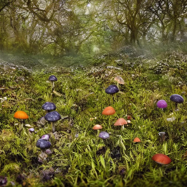 Image similar to a planet of various fungus, mushrooms, flowers and plants, inside the picture is infinity, Atmospheric, artistic photography, conceptual, long exposure outside the city, volumetric light