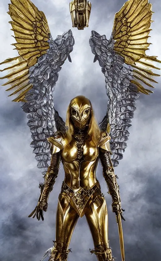 Image similar to fantasy angel warrior in armor with bright gold wings, epic flying pose, full length portrait, art, paint, fine details, h. r. giger, scott m fischer, alexandros pyromallis, laurie lipton