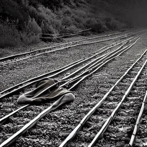 Prompt: justin sun tied to train tracks, bound in rope and chains, beautiful cinematic lighting, epic composition, approaching train headlight