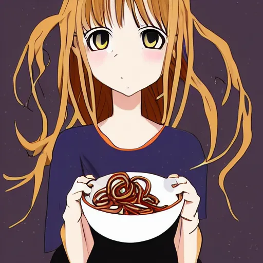 Image similar to a beautiful anime woman eating a bowl of worms, digital art, ghibli, night