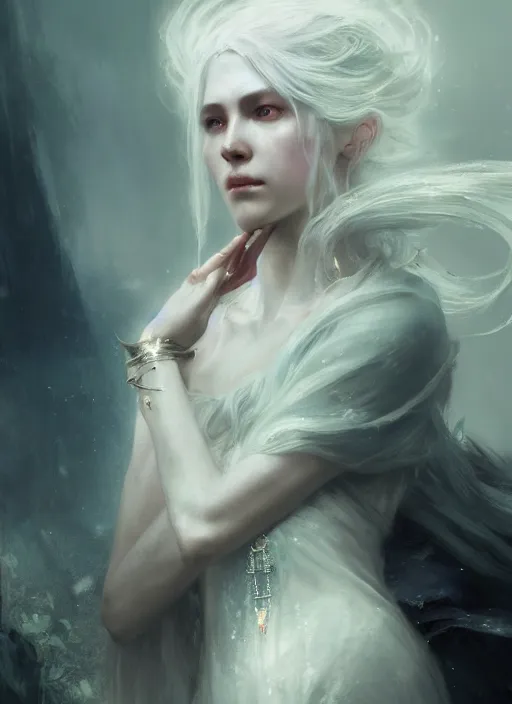 Image similar to a beautiful white haired princess, adorned with precious stone jewelry, intricate concept art, ethereal, ominous, gorgeous dark fantasy, misty, dramatic lighting, octane render, 8 k, ruan jia and jeremy mann and alphonse mucha