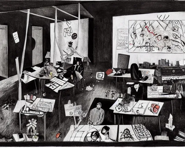 Image similar to the horror of beaurocracy, papers, horror, desks, office, waiting, stress, frustration, anger, crowded, harsh cinematic lighting, high qulity, 4 k, by charles addams and hilma af klint and affandi