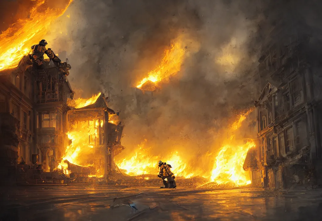 Image similar to an heroic firefighter in action in black and yellow uniform, inside the white house, fire flames, sharp details, sharp focus, photorealistic, octane, hyper detailed, trending on deviantart, illustration, by jordan grimmer and greg rutkowski and pine ( ハイネ ), intricate