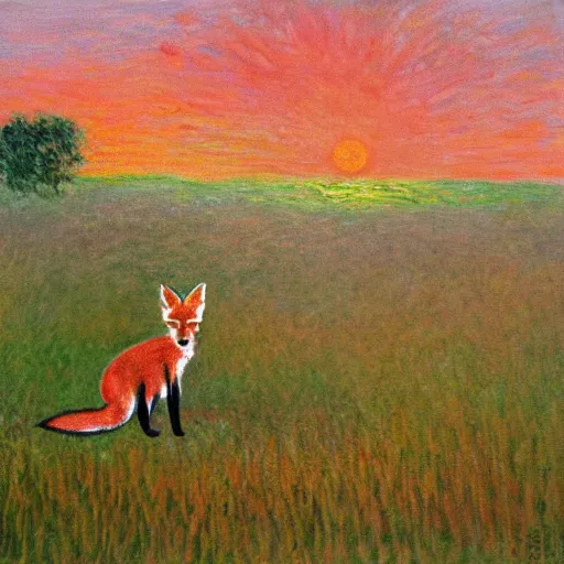 Image similar to a painting of a fox sitting in a field at sunrise in the style of claude monet