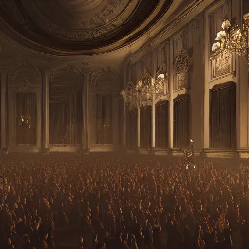 Image similar to A room full of people, vampires, high ceiling, victorian, soft light, ominous, photorealistic, detailed, 8k