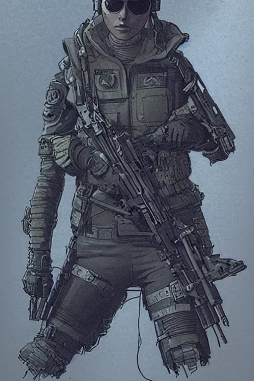 Image similar to maria. Deadly blackops mercenary in tactical gear and cyberpunk headset. Blade Runner 2049. concept art by James Gurney and Mœbius.