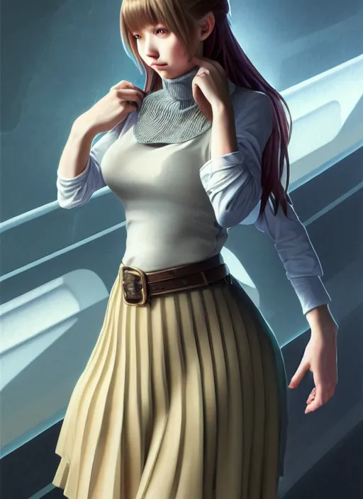 Image similar to portrait of a full body of beautiful young female detective, d & d, sleeveless turtleneck, pleated skirt, fantasy, flat lighting, intricate, highly detailed, digital painting, artstation, concept art, smooth, sharp focus, illustration, misa amane, art by simon bisley and greg rutkowski and alphonse mucha, natural tpose