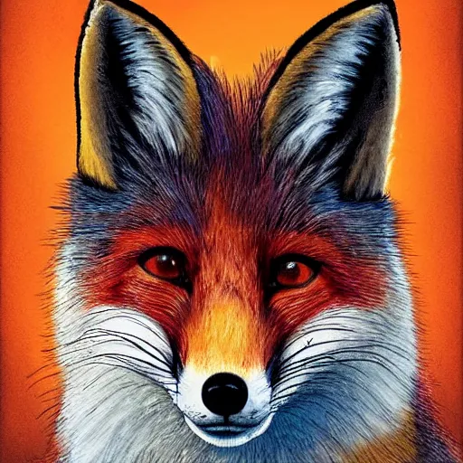 Image similar to portrait of retarded fox, eyes in different directions, rabies, propaganda style, vivid colors, very detailed