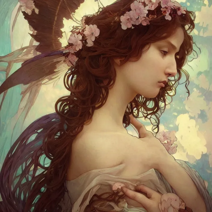 Image similar to a beautiful painting of a beautiful angel by ross tran!! and alphonse mucha and greg rutkowski! and gustav dore! and artgerm!!, in style of digital art illustration. symmetry. highly detailed face. fantasy, smooth, hyper detailed, sharp focus, soft light. trending on artstation. 4 k