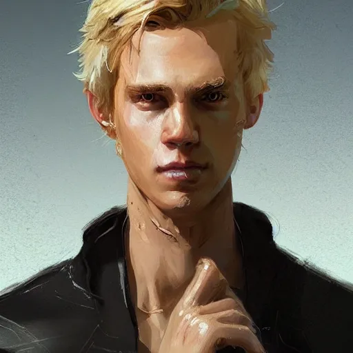 Image similar to portrait of a man by Greg Rutkowski, Cade Skywalker from Star Wars Expanded Universe, he is about 30 years old, messy blond hair, wearing a leather jacket, highly detailed portrait, digital painting, artstation, concept art, smooth, sharp foccus ilustration, Artstation HQ