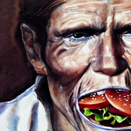 Image similar to portrait of a willem dafoe eating big mac, hamburgers everywhere, with aquarelle painted skin. close up, very dark brown hair, light eyes, intricate dark flowers pattern background, high detail, by Eddie Mendoza