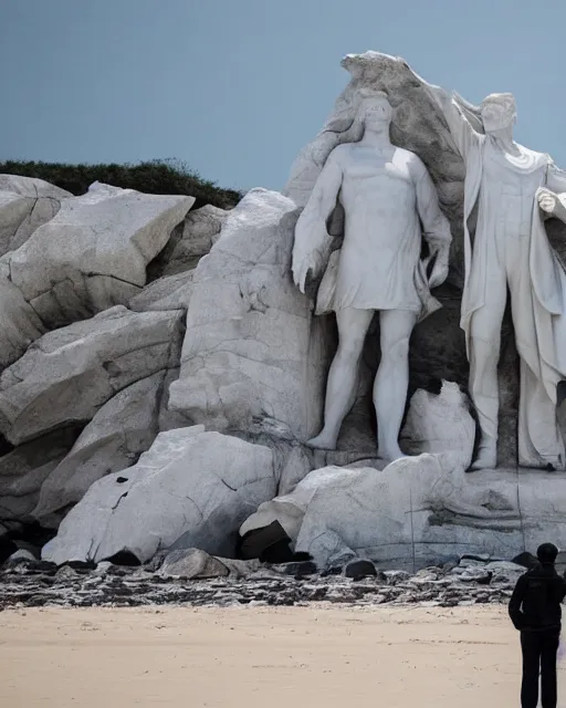 Prompt: a gigantic 400 foot tall white marble statue of president Donald trump giving his thumbs up sign, dwarfs onlookers on a beach, cinematic, post apocalyptic