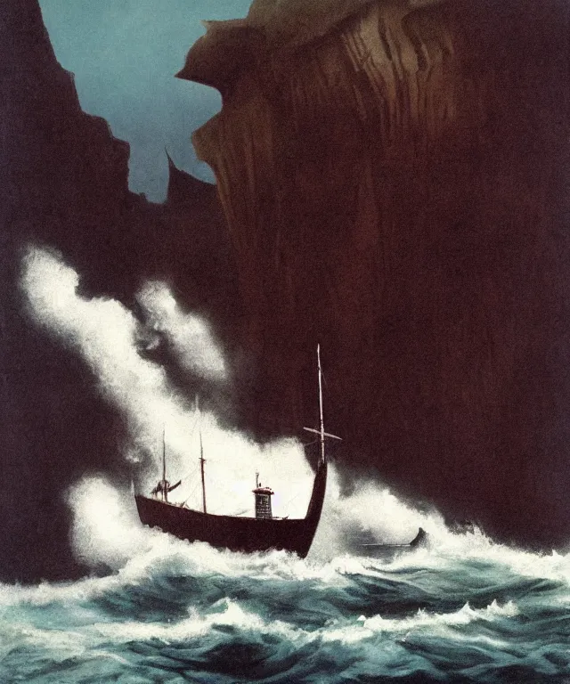 Image similar to photorealistic painting of a 1 9 2 5 seiner sailing near a short tropical cliff with the mouth of a sea cave at the waterline, dark, brooding, atmospheric, lovecraft, horror, smooth, epic, highly detailed, cinematic, by angus mcbride