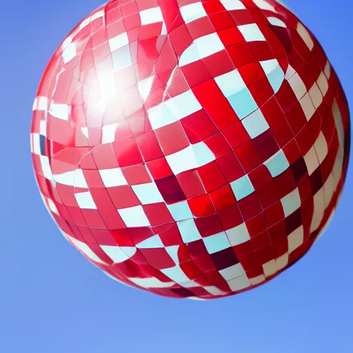 Image similar to a red and white spherical checkered ball bouncing with a blue sky background