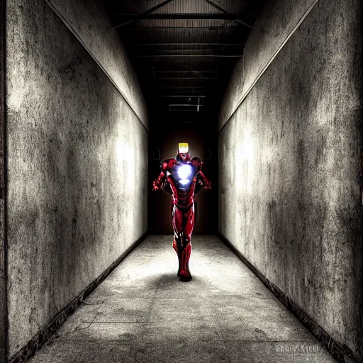 Image similar to ironman in a dark hallway of an abandoned asylum, 4 k, high detail, high - resolution photograph, professional photography, ultra - detail