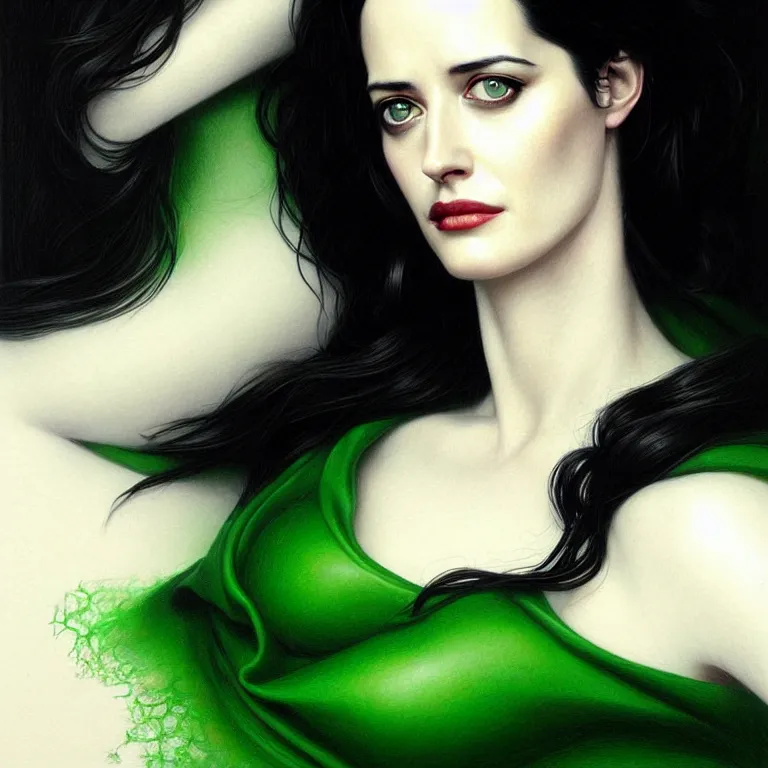 Prompt: portrait of eva green, black hair, green eyes, elegant, real life skin, intricate artwork, high detailed, artstation, concept art, smooth, sharp focus, art by artgerm and greg rutkowski @ ruprechy