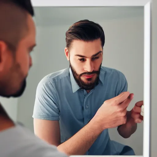 Prompt: professional direct photograph of a man examining his face in the mirror