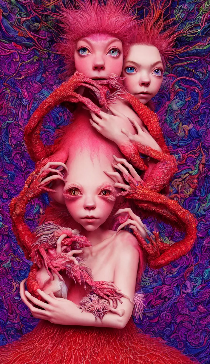 Image similar to hyper detailed 3d render like a Oil painting - kawaii portrait of two Aurora (a beautiful skeksis muppet fae princess protective playful from dark crystal that looks like Anya Taylor-Joy) seen red carpet photoshoot in UVIVF posing in scaly dress to Eat of the Strangling network of yellowcake aerochrome and milky Fruit and His delicate Hands hold of gossamer polyp blossoms bring iridescent fungal flowers whose spores black the foolish stars by Jacek Yerka, Ilya Kuvshinov, Mariusz Lewandowski, Houdini algorithmic generative render, Abstract brush strokes, Masterpiece, Edward Hopper and James Gilleard, Zdzislaw Beksinski, Mark Ryden, Wolfgang Lettl, hints of Yayoi Kasuma and Dr. Seuss, octane render, 8k