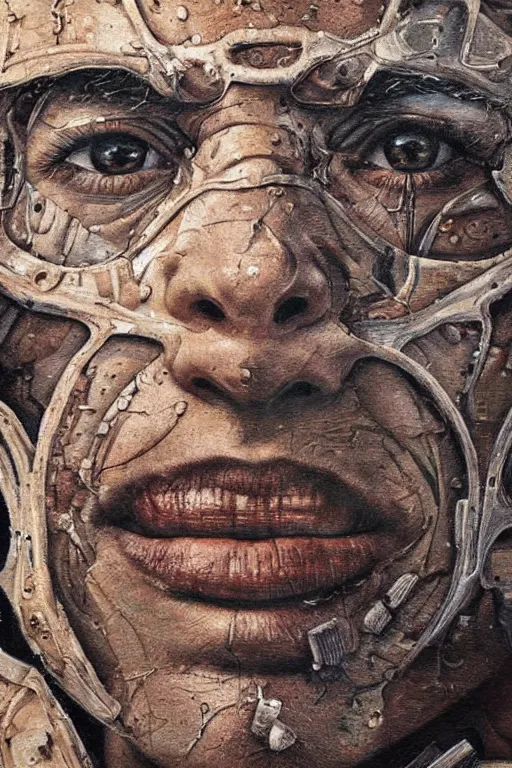 Prompt: hyperrealism oil painting, close-up portrait of cyborg, busted crushed face, sand dunes pattern mixed with night sky, in style of classicism