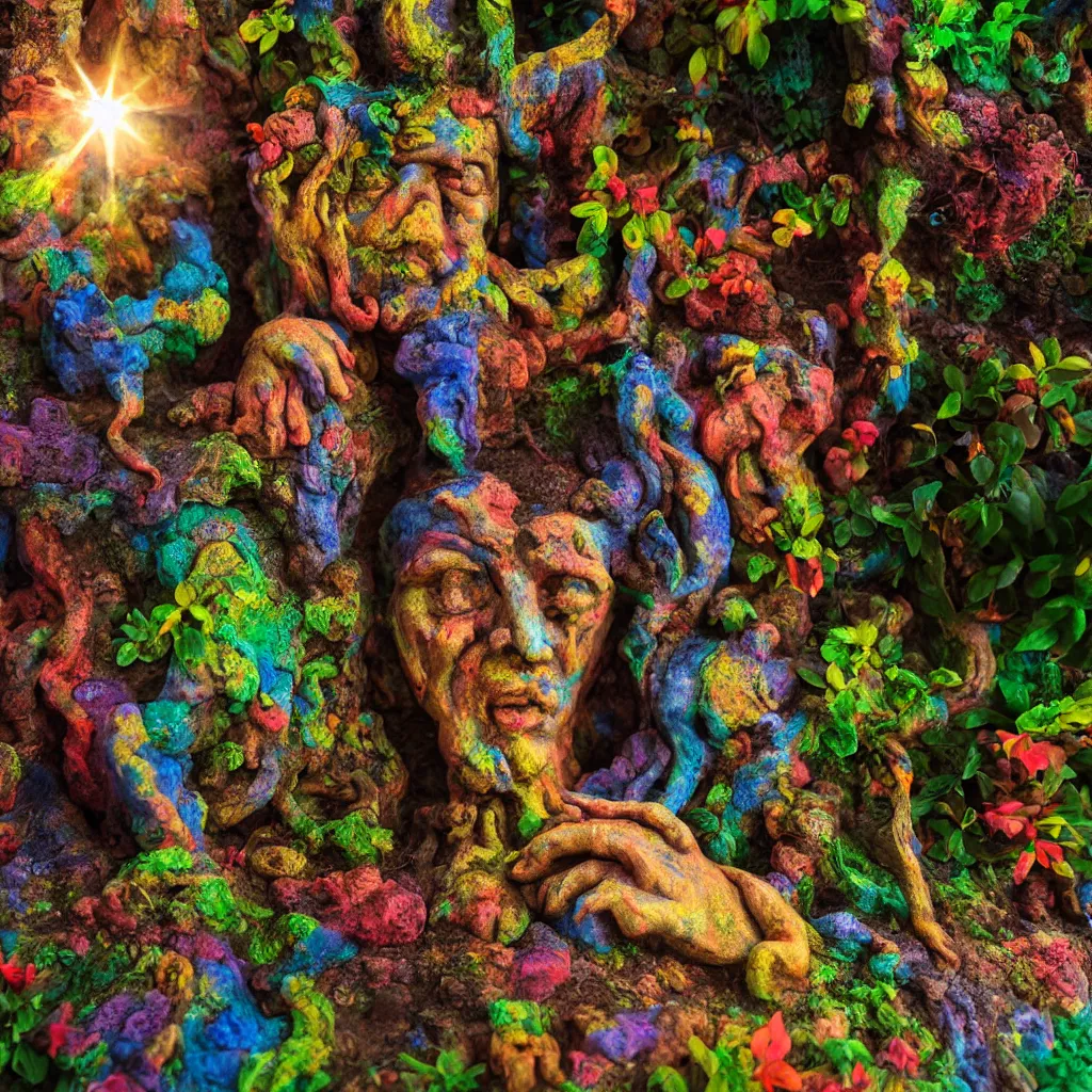 Prompt: detailed plasticine god in the garden of eden, sunlit, camera angled dramatically, psychedelic photograph, depth of field