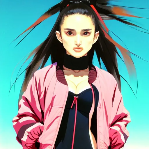 Image similar to a beautiful japanese natalie portman gravure model, wearing oversized native designer bomber jacket and leotard, bulky poofy bomber jacket with mesoamerican patterns, mesoamerican native street fashion, gapmoe yandere grimdark, trending on pixiv fanbox, painted by greg rutkowski makoto shinkai takashi takeuchi studio ghibli, akihiko yoshida