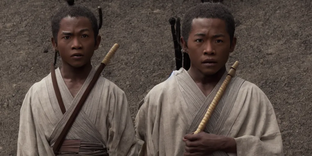 Prompt: a film still of a black boy starring in a japanese blockbuster film as ancient samurai, intense, shallow depth of field, cinematic, award winning cgi, vfx, film still