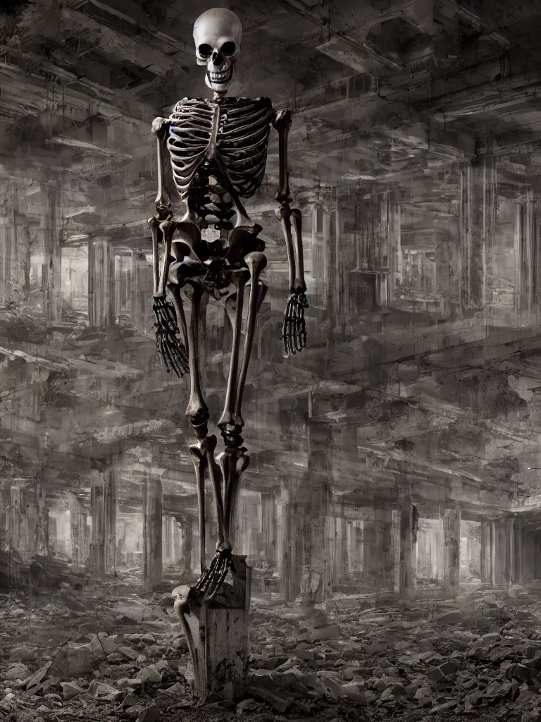 Image similar to portrait of a cyborg skeleton statue, standing in a hall of abandoned ancient megacomplex; hyperrealistic, 4K wallpaper, cinematic lighting, highly detailed and beautiful