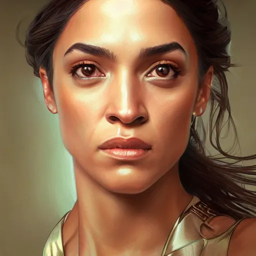 Image similar to ultra realistic illustration, alexandria ocasio - cortez, intricate, elegant, highly detailed, digital painting, artstation, concept art, smooth, sharp focus, illustration, art by artgerm and greg rutkowski and alphonse mucha