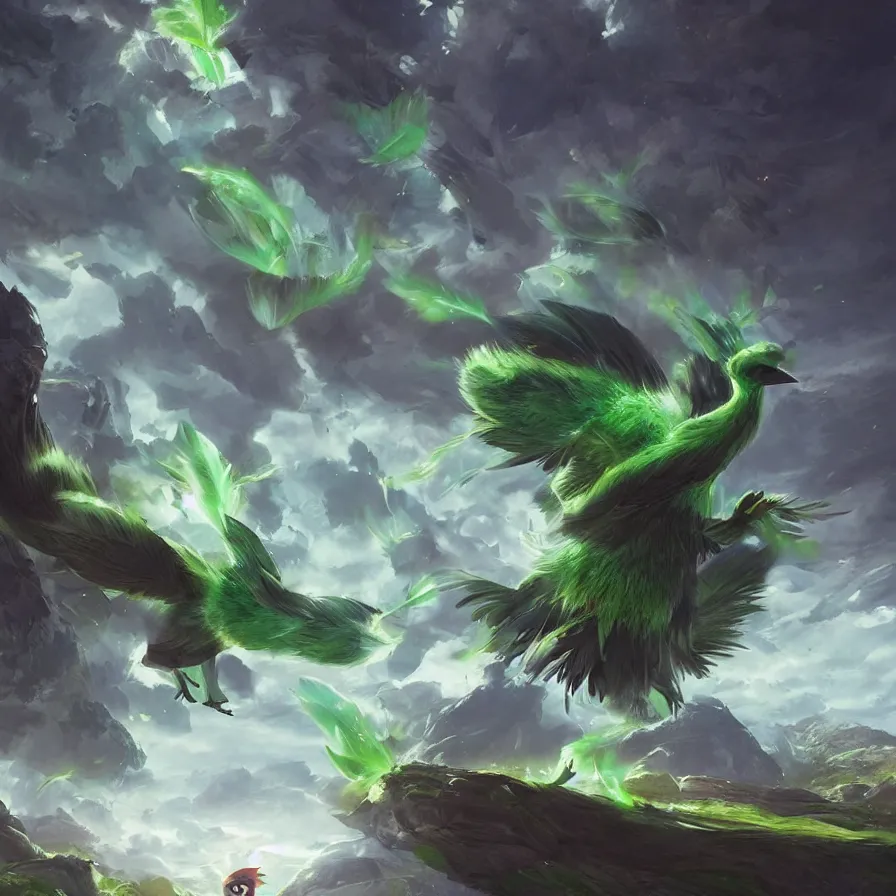 Image similar to a cute beautiful earth type pokemon, green feathers bursting out of his hair, full body shot, highly detailed digital art, 3 d perspective, award - winning illustration, aesthetic, smooth, pokemon style, made by greg rutkowski, with an alien landscape in the background