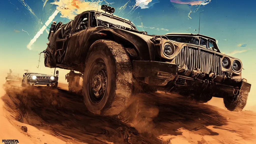 Image similar to digital illustration of mad max's fj 4 0 pursuit special riding fury road eternal shiny and chrome, the last v 8 interceptor driving down to the gates of valhalla highway in the middle of the day, anime style, year 2 0 9 3, by makoto shinkai, ilya kuvshinov, lois van baarle, rossdraws, basquiat