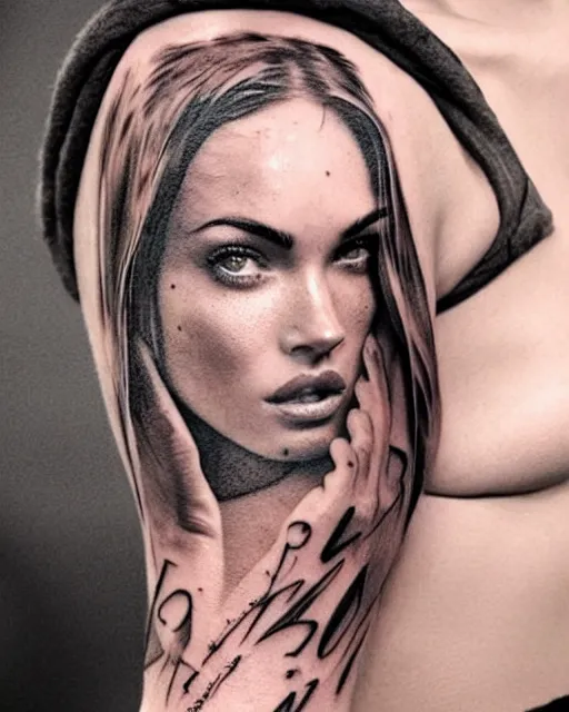 Image similar to creative double exposure effect tattoo design sketch of megan fox faded in beautiful mountain scenery, realism tattoo, in the style of matteo pasqualin, amazing detail, sharp